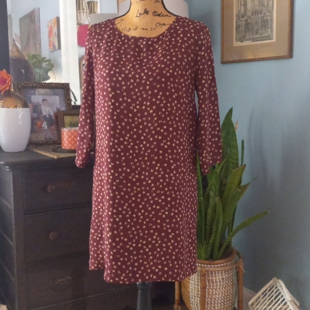 BCBGeneration Rosewood Burgundy and Cream Spotted Print Open Back Sheath Dress